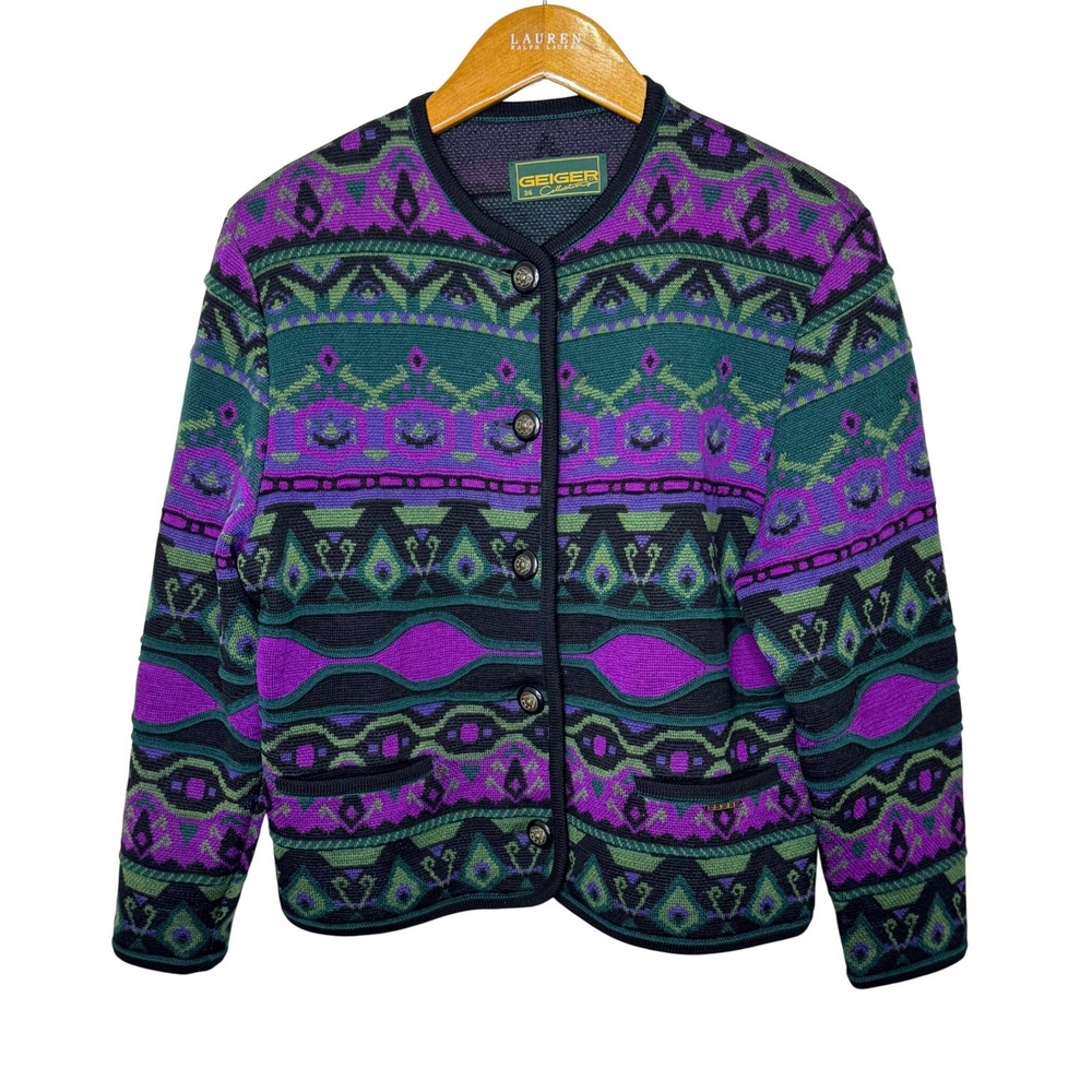 Vintage Geiger Button Front Cardigan Size 36 Purple/Green
